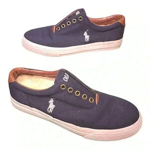 Polo Ralph Lauren Men’s Vito Slip-On Sneakers Size 8D Navy & Brown‎ Canvas
